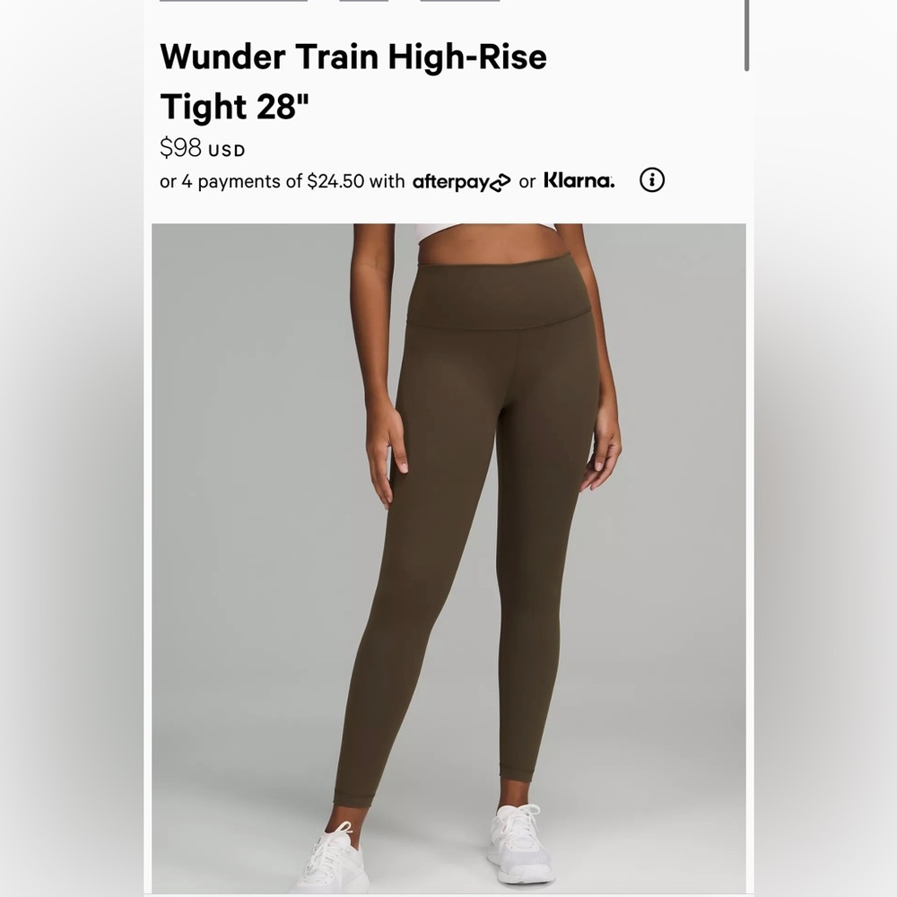 Worn once lululemon wunder under leggings, 28”, women size 2, dark olive